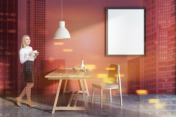 Red wall dining room, businesswoman, poster