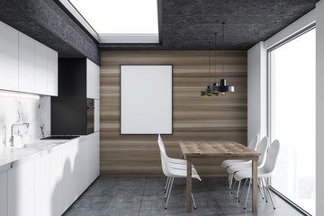 Wooden loft kitchen, white cabinets, poster