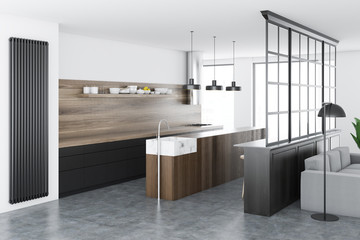 White kitchen corner, gray countertops