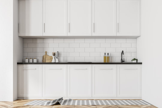 Scandinavian style kitchen, white countertops