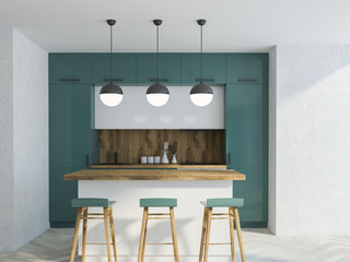 White and green kitchen, bar close up