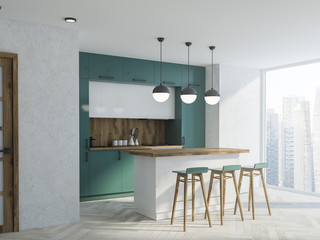 White and green kitchen, bar side view
