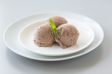 Bowl of chocolate ice cream with mint on white background. 