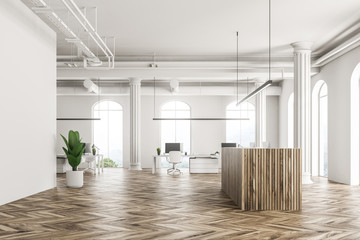 White office interior, wooden reception, side view