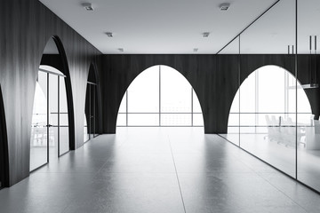 Modern office lobby, black walls, arches