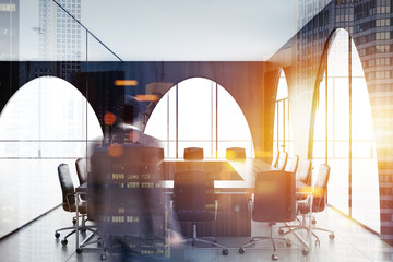 Arched window meeting room interior, man