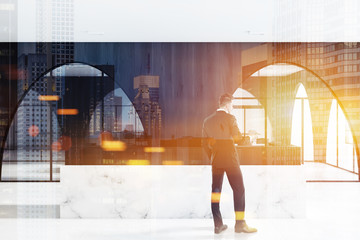 Marble reception modern office lobby, businessman