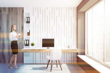 White empty home office interior, businesswoman