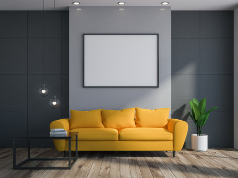 Gray living room interior, sofa, poster