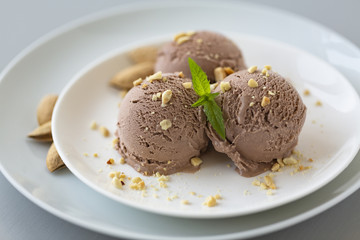 Tasty homemade bowl of chocolate ice cream with mint and nuts on a light background. 