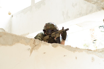 Soldier combat inside building bright background