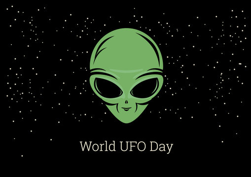 World UFO Day vector. Alien cartoon character. Alien on a starry background. The face of a green alien. Important day