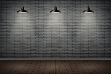 Interior of prison with black brick wall and vintage pedant lamps. Vintage jail and prison cell. Concept design for quest rooms and games. Editable Vector Illustration.