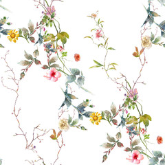 Watercolor painting of leaf and flowers, seamless pattern on white background
