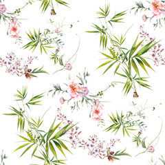 Watercolor painting of leaf and flowers, seamless pattern on white background