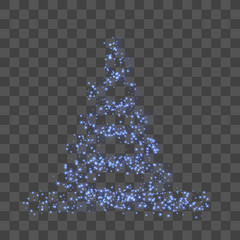 Stylized blue Christmas tree 3d as symbol of Happy New Year holiday or Merry Christmas celebration. Bright design element for card on black transparent background. Vector illustration