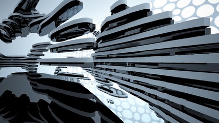 Abstract white and black interior multilevel public space with window. 3D illustration and rendering.