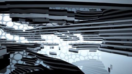 Abstract white and black interior multilevel public space with window. 3D illustration and rendering.