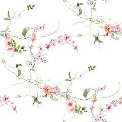 Watercolor painting of leaf and flowers, seamless pattern on white background
