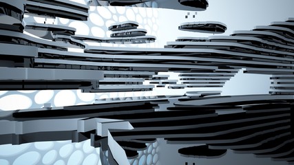Abstract white and black interior multilevel public space with window. 3D illustration and rendering.