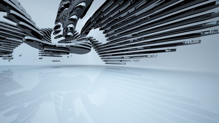 Abstract white and black interior multilevel public space with window. 3D illustration and rendering.