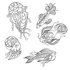 Set of sea animals in vector graphic illustration  in coloring pages