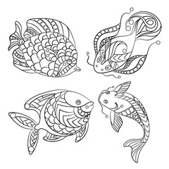 Coloring pages for children and adults with set of ocean fishes in vector illustration in ornament