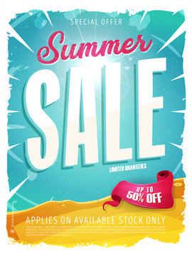 Summer Sale Template Banner/
Illustration of a wide blue summer sale template banner with colorul elements, typography and grunge frame