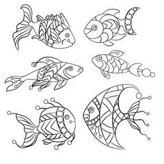 Coloring pages for children and adults with set of ocean fishes in vector illustration in ornament