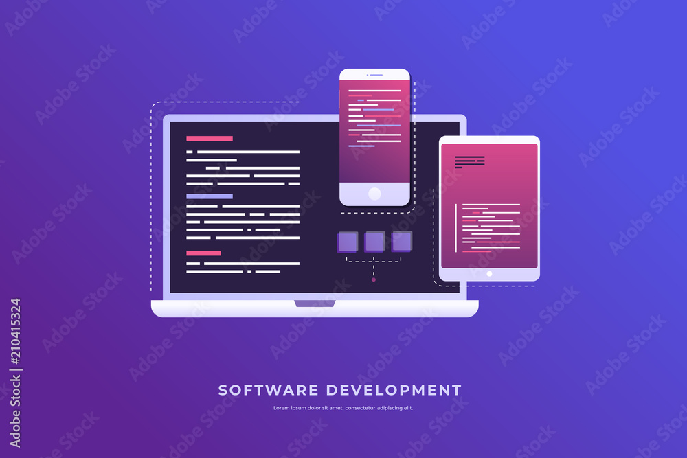 Aufkleber concept of development and software. monitor with program code on on screen of laptop, tablet and sm