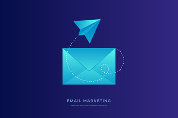 Mobile e-mail notification concept. Closed postal envelope and paper airplane on blue background. Email marketing. Flat vector illustration.