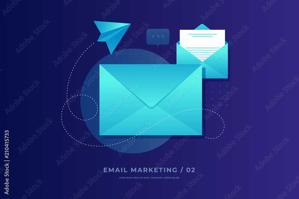 Sticker mobile e-mail notification concept. close and open post envelopes and paper airplane on blue backgro