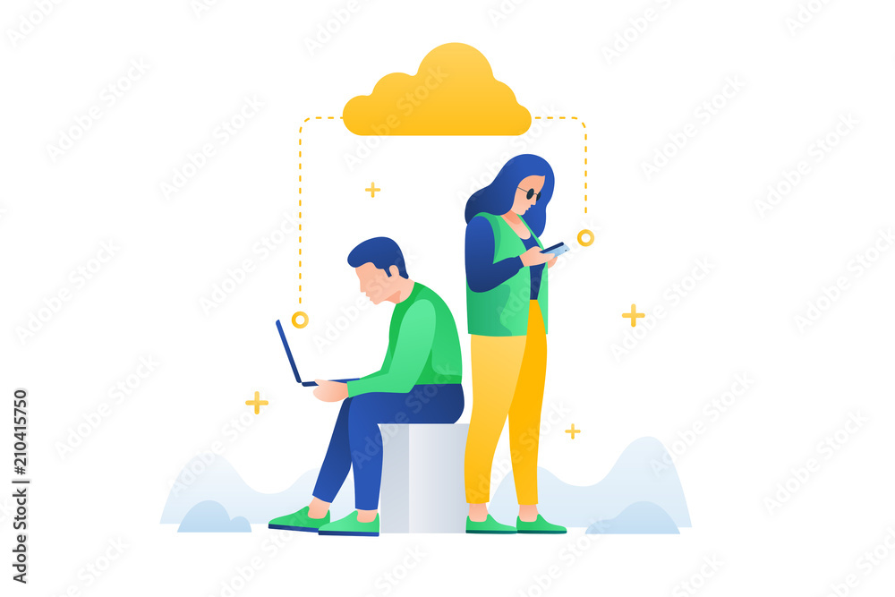 Wall mural modern digital technologies. cloud data storage. man and woman send files, communicate in social net