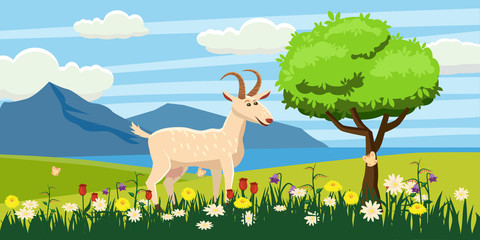 Obraz na płótnie Canvas Goat grazing in a meadow on a background landscape, sun, sunrise, flowers, Cartoon style, vector illustration