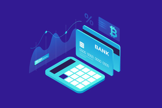 Growth And Calculation Of Income. Payment By Crypto Currency. An Isometric Image Of Calculator, Bank Card And Sign Bitcoin On Blue Background. Vector Illustration For Web Page, Banner, Presentation.