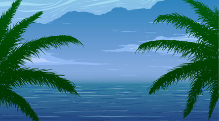 Fototapeta na wymiar Palm leaves on background of blue ocean