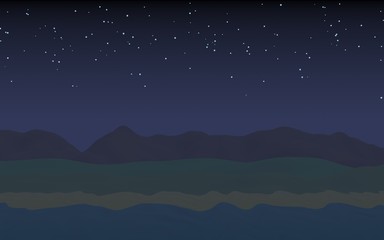 Fototapeta premium Starry moonless sky. Ocean shore line with waves on a beach. Island beach paradise with waves. Vacation, summer, relaxation. Seascape, seashore. Minimalist landscape, primitivism. 3D illustration