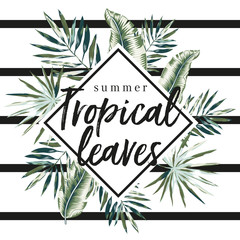 Fototapeta premium Tropical palm leaves diamond frame on the striped background. Print for tee shirt design template. Greenery foliage vector illustration. Summer beach floral design. Paradise nature.