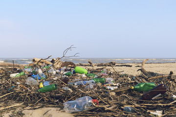 Spilled garbage on the beach of the big city. Empty used dirty plastic bottles. Dirty sea sandy shore of the Black Sea. Environmental pollution. Ecological problem
