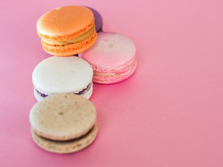 Set of colorful French macaroni cakes. Sweet almond cookies with different flavors.
