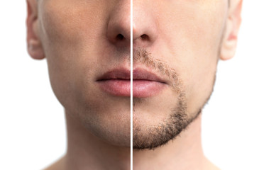 face with a beard and without - obrazy, fototapety, plakaty