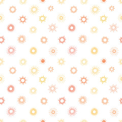 Seamless pattern with yellow and orange doodle sun on white background. Can be used for wallpaper, pattern fills, textile, web page background, surface textures.