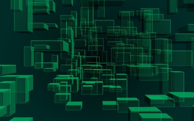 Green and dark abstract digital and technology background. The pattern with repeating rectangles. 3D illustration