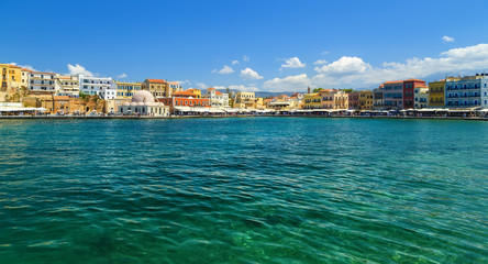 View of the embankment of the city of Chania (Greece, island Crete) on a sunny day