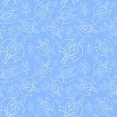Watercolor drawing of a seamless pattern on a marine theme and on a zodiac sign, cancer, lobster, river crayfish, starfish, detailed illustration, blue stripes, waves, close-up, on a white background 
