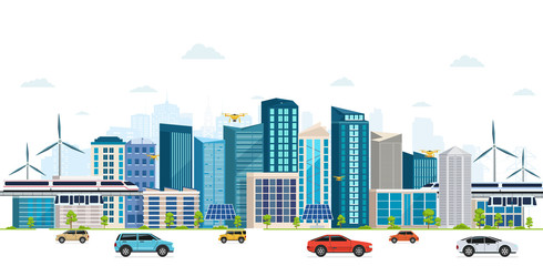 Obraz premium Urban landscape with large modern buildings, skyscrapers, skyway.