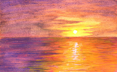 Naklejka na ściany i meble Orange sunset in orange-purple ocean in watercolor