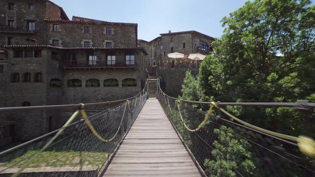 Suspension footbridge at the entrance of Rupit Catalonia Spain