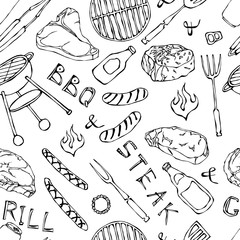 Seamless Pattern of Summer BBQ Grill Party. Beer Can, Bottle and Mug, Steak, Sausage, Barbeque Grid, Tongs, Fork, Fire, Ketchup. Hand Drawn Vector Illustration. Doodle Style.