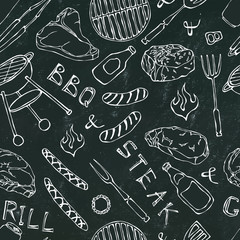 Seamless Pattern of Summer BBQ Grill Party. Steak, Sausage, Barbeque Grid, Tongs, Fork, Fire, Ketchup. Black Board Background and Chalk. Hand Drawn Vector Illustration. Doodle Style.